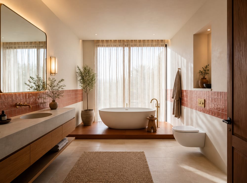 Sculptural tub centered on teak platform