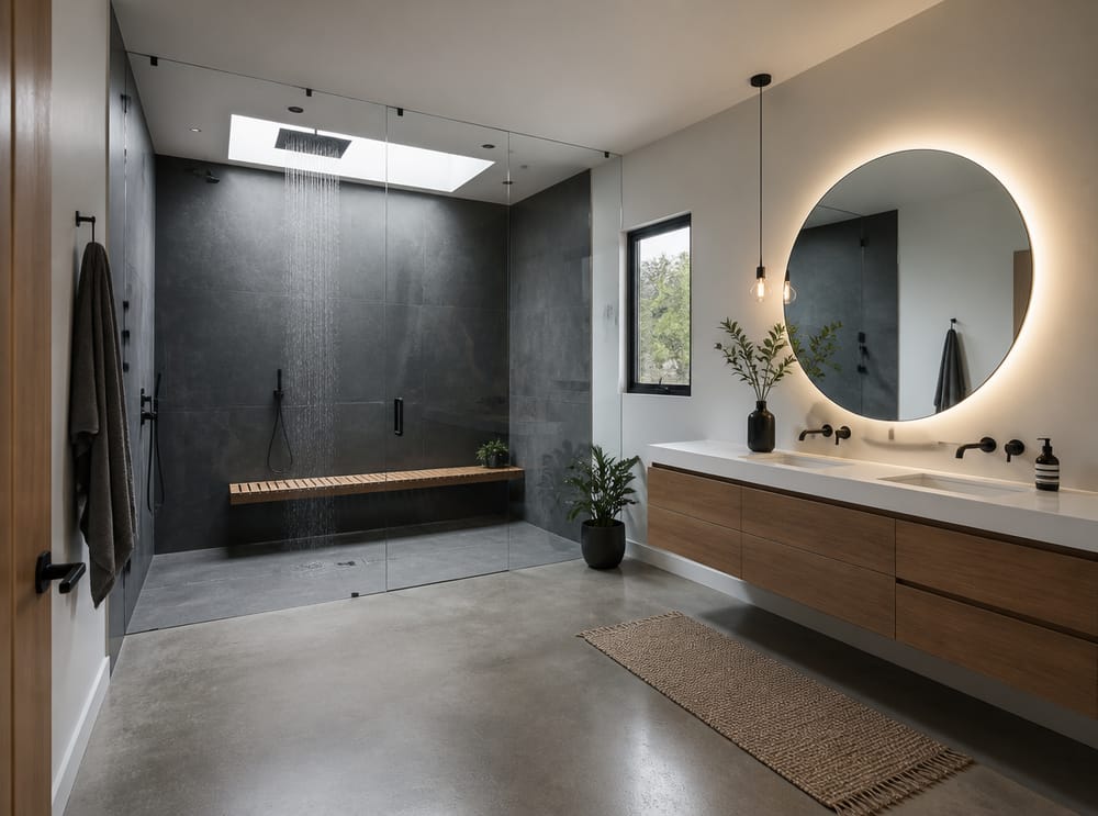 Full-wall shower behind frameless glass panel