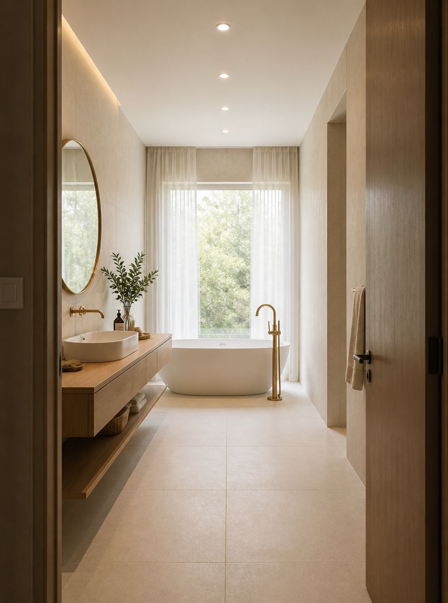 Soaking tub centered beneath far window