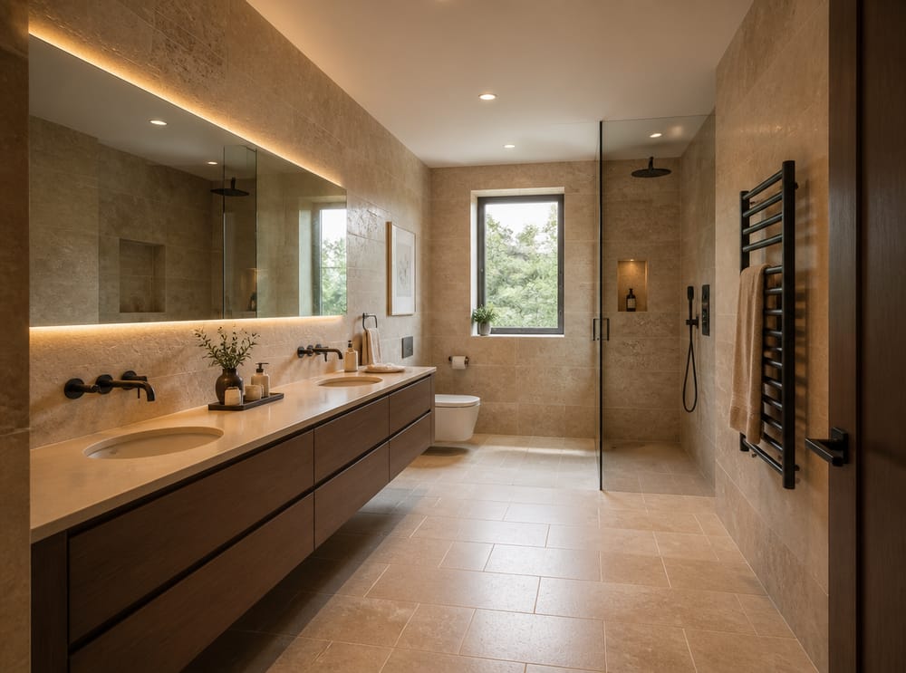 Smoked oak vanity with travertine wall cladding