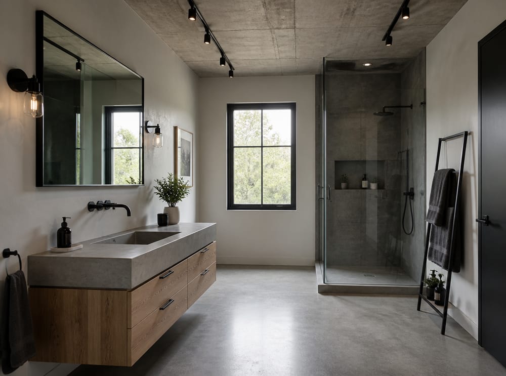 Concrete countertop with matte black track lighting
