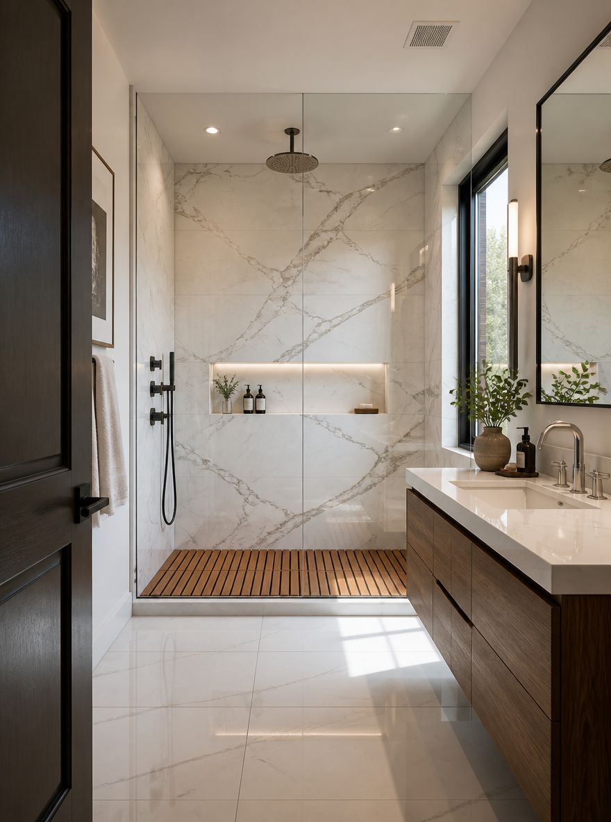 Marble slab shower behind full-height glass