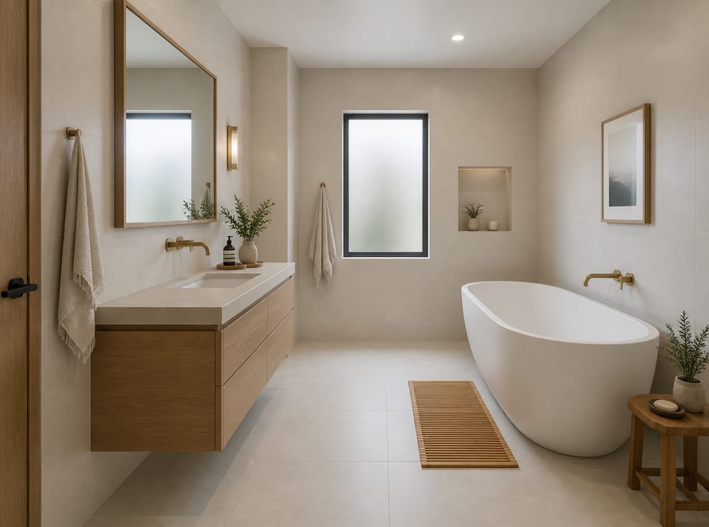 White oak vanity with seamless tile palette
