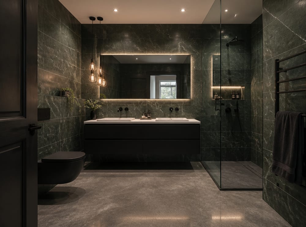 Dark green tile with matte black fixtures throughout