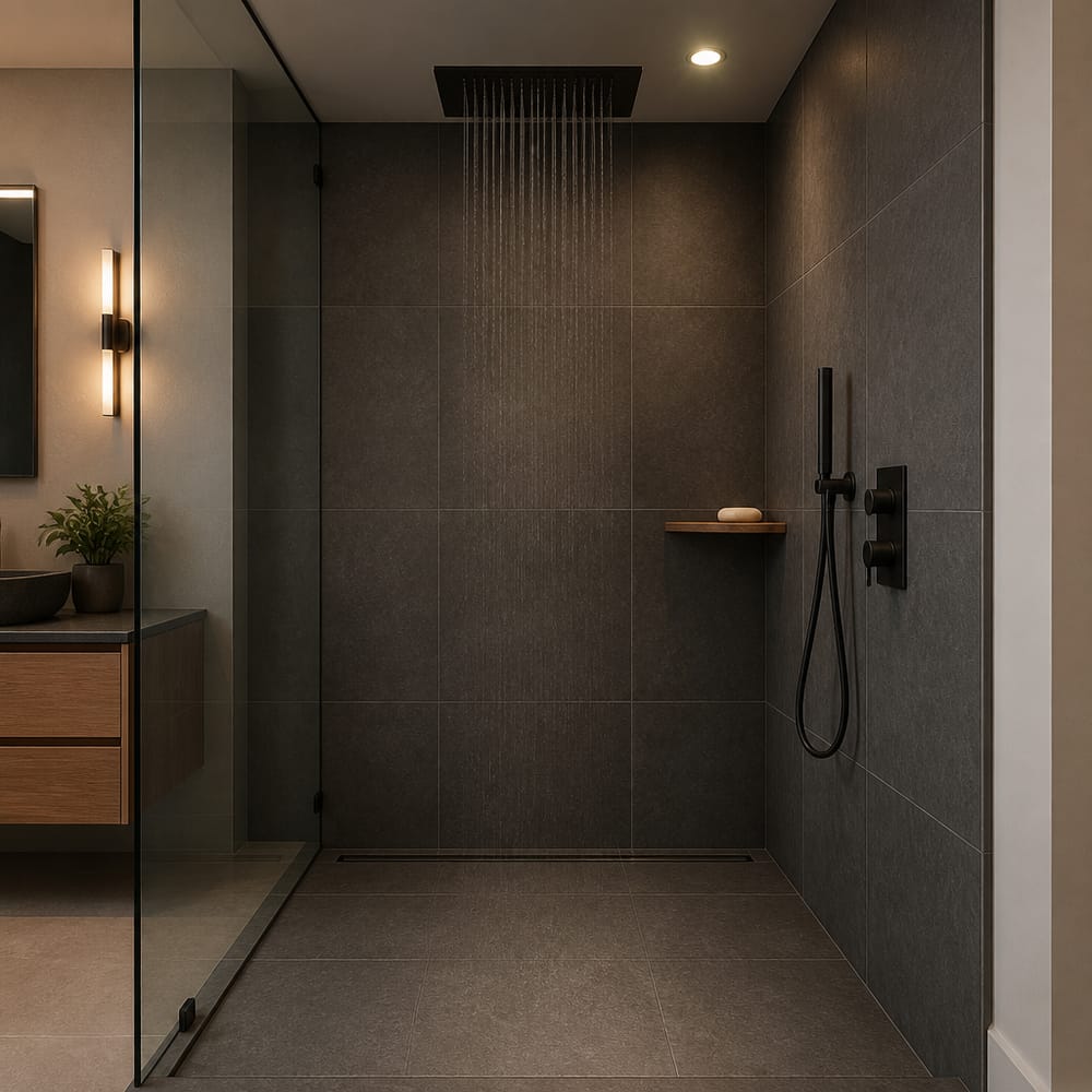 Dark slate shower with flush ceiling rain head
