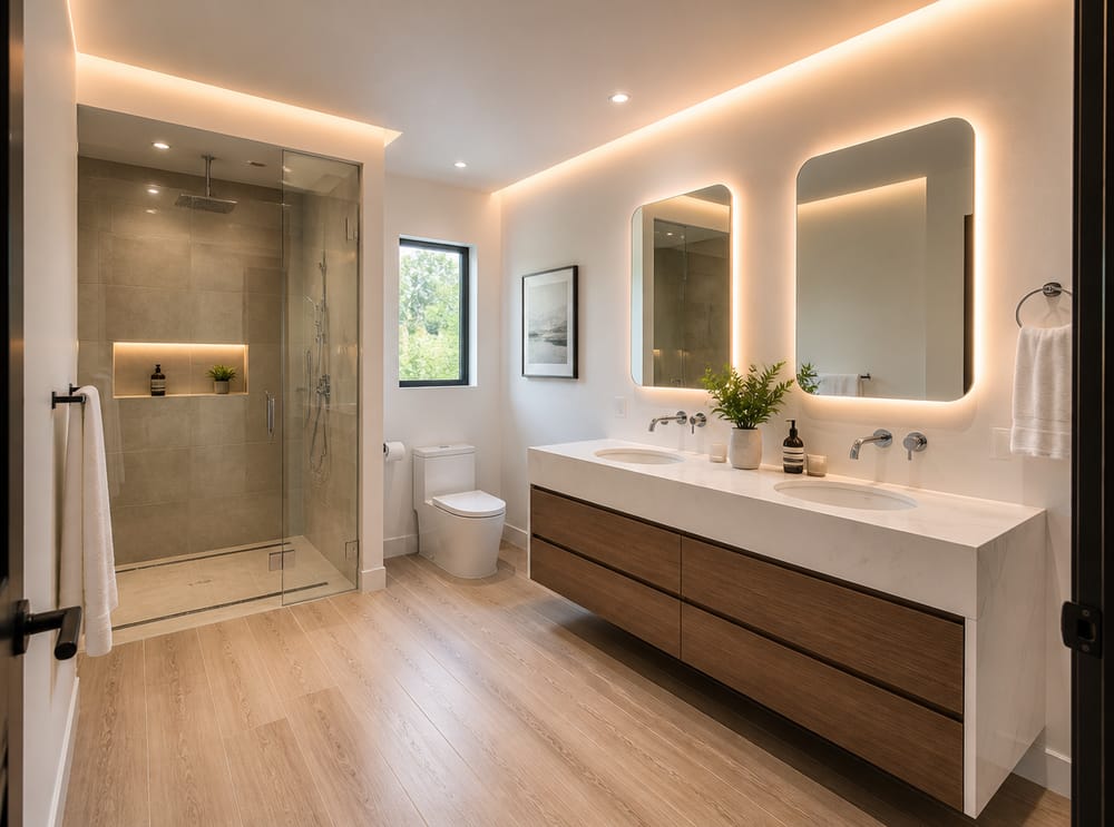 Backlit mirrors with cove ceiling lighting layered