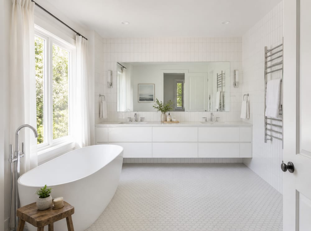 Gloss white vanity with hexagonal mosaic floor