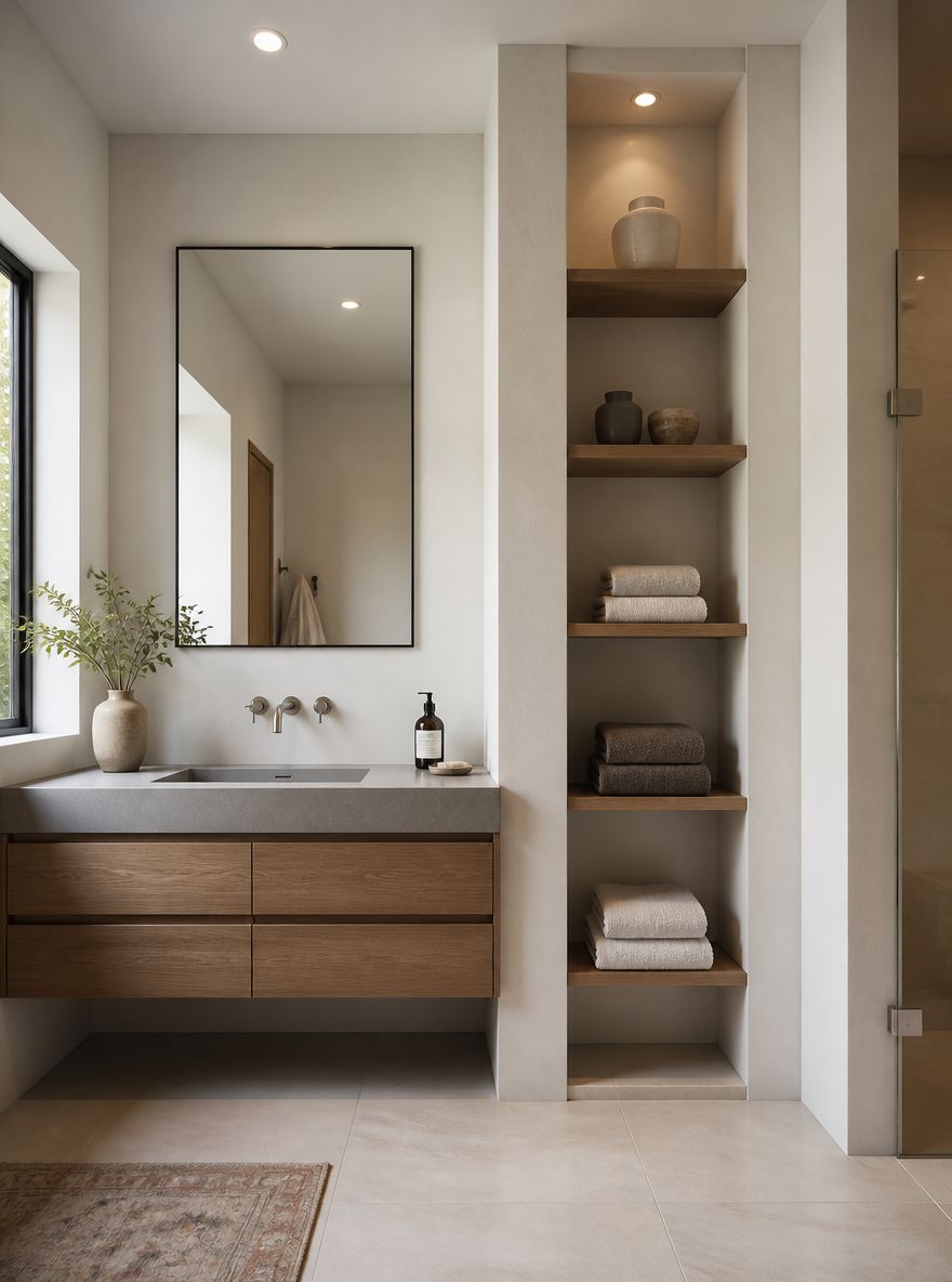 Floor-to-ceiling niche beside floating vanity