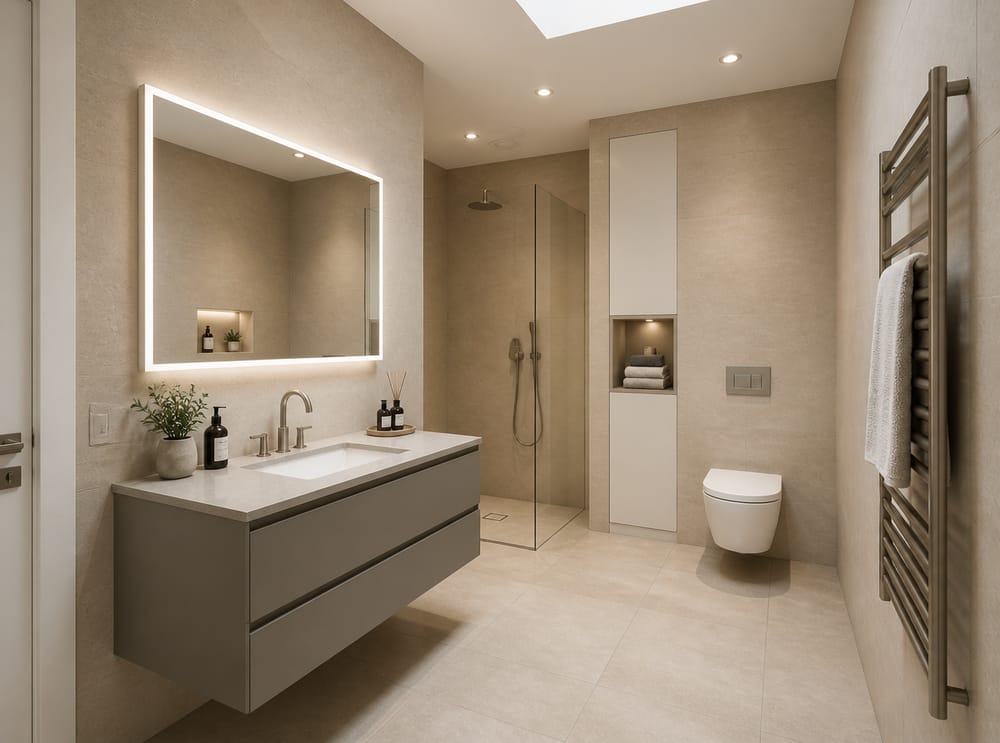 Tone-on-tone sand tile with concealed cistern