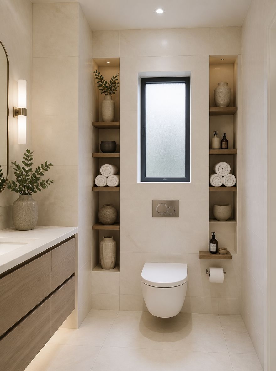 Wall-mounted toilet in recessed tile alcove