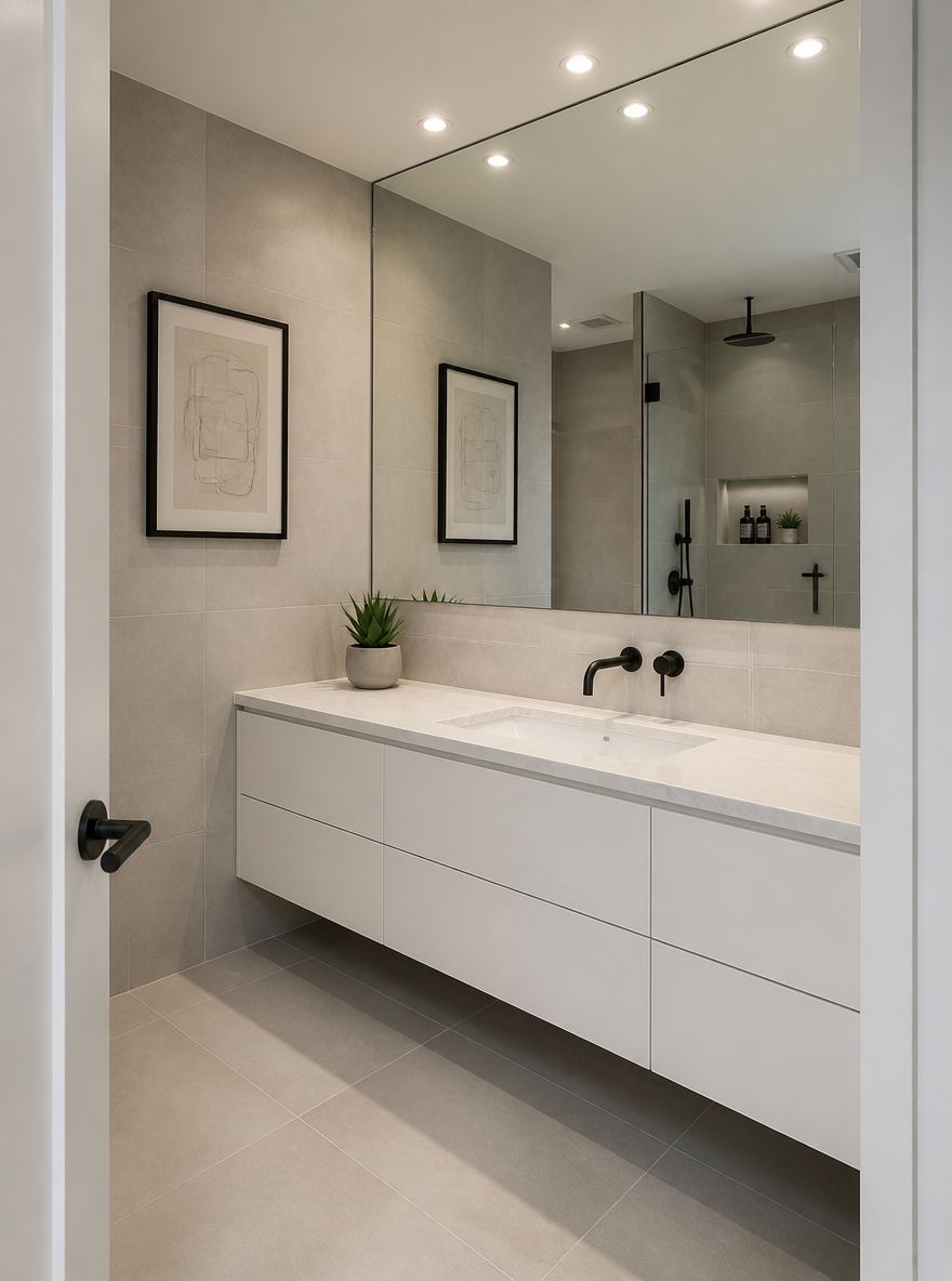 Floor-to-ceiling mirror reflecting shower beyond