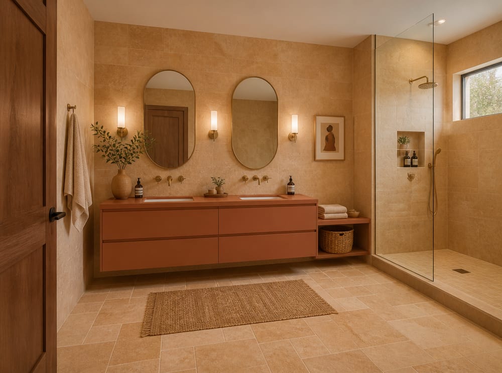 Terracotta vanity with brushed brass fixtures