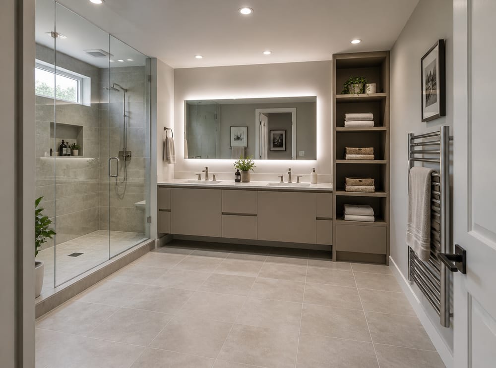 Greige vanity with integrated shelving tower
