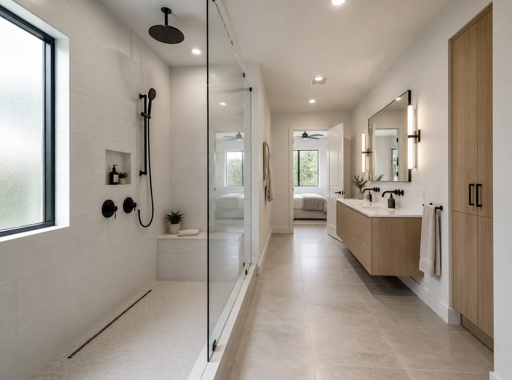 Reversed view showing shower and vanity depth