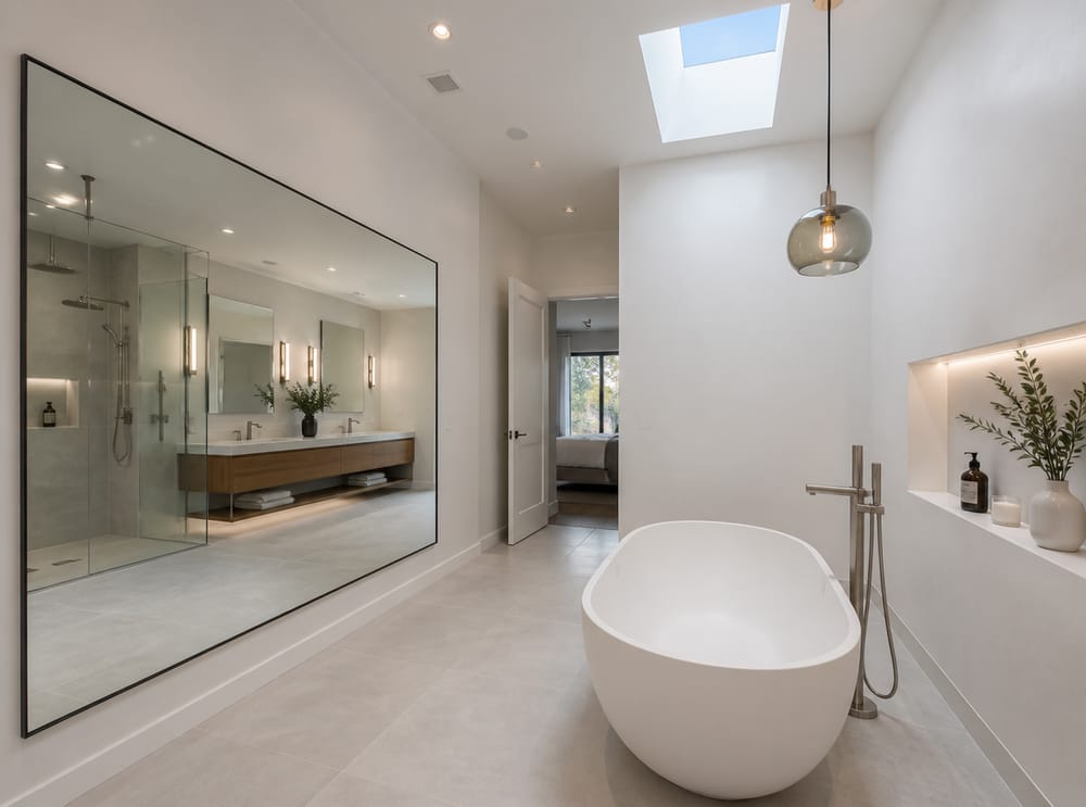 Oval tub in foreground with mirror reflection