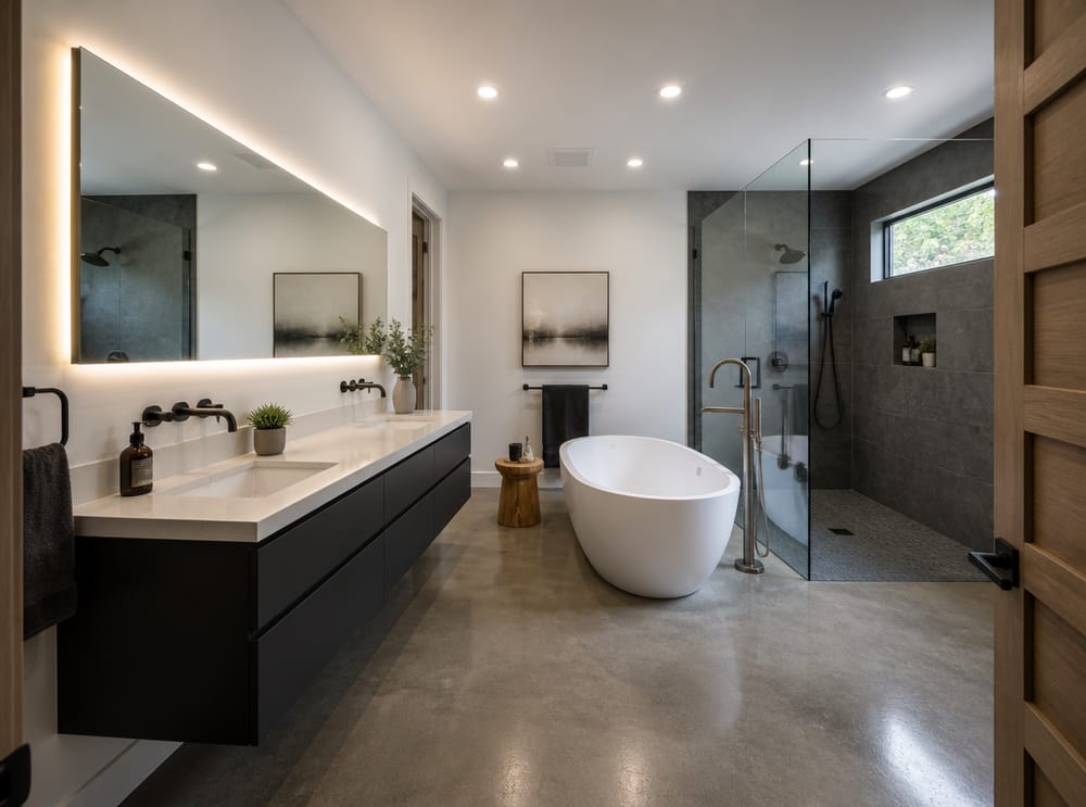 Charcoal vanity beside centered freestanding tub