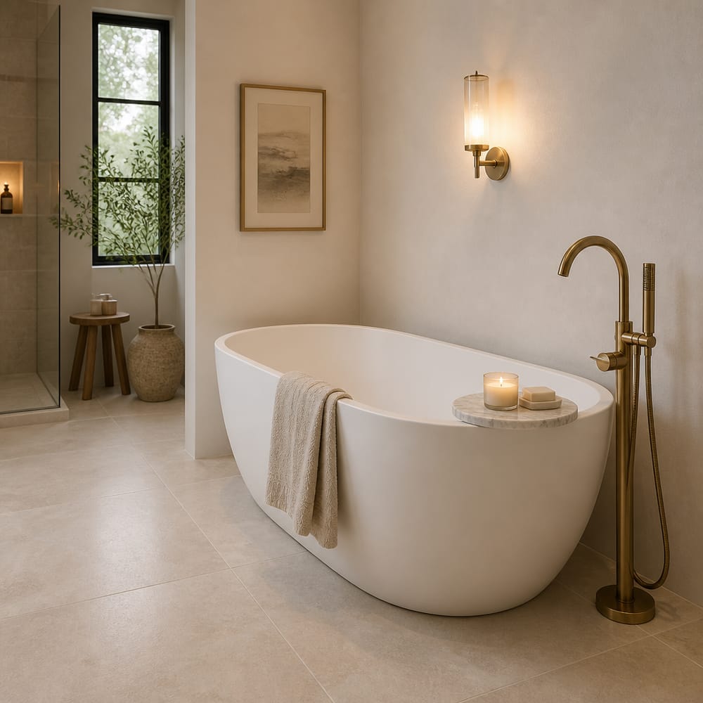Matte white tub with floor-mounted brass faucet