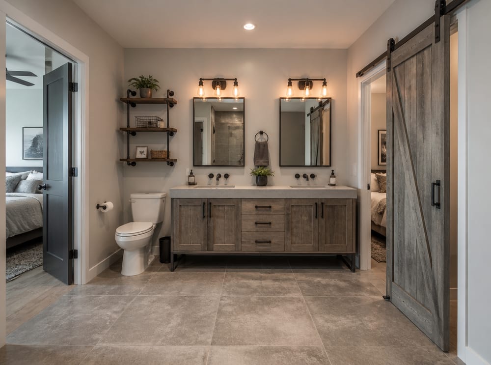 Ingresso con porta scorrevole stile fienile accanto a una porta a battente