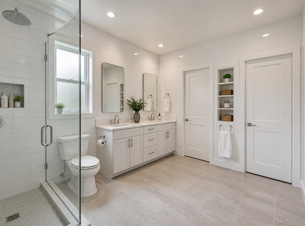 Vista d’angolo che mostra il layout completo del bagno condiviso