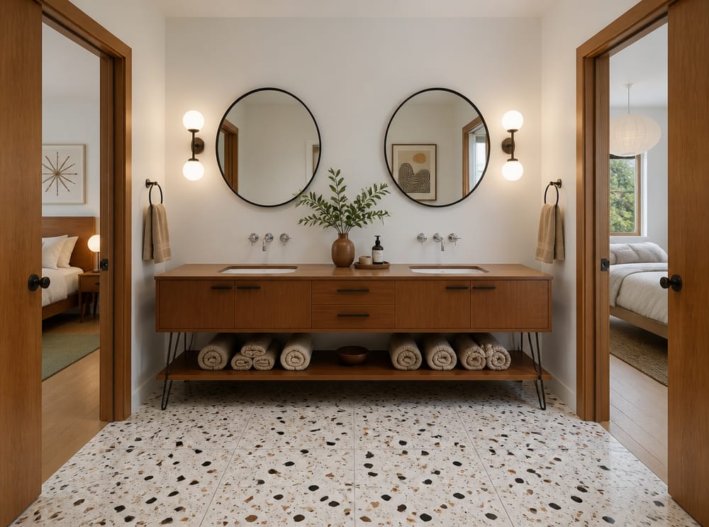Mobile sospeso in teak con pavimento in terrazzo
