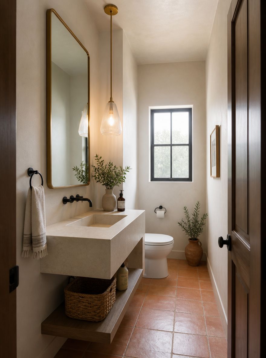 Mueble flotante con espejo alto enmarcado en latón