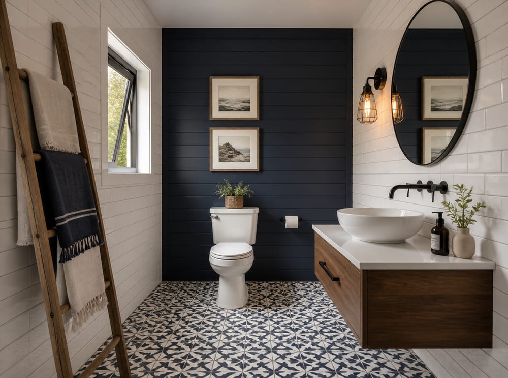 Pared de shiplap azul marino con toallero tipo escalera