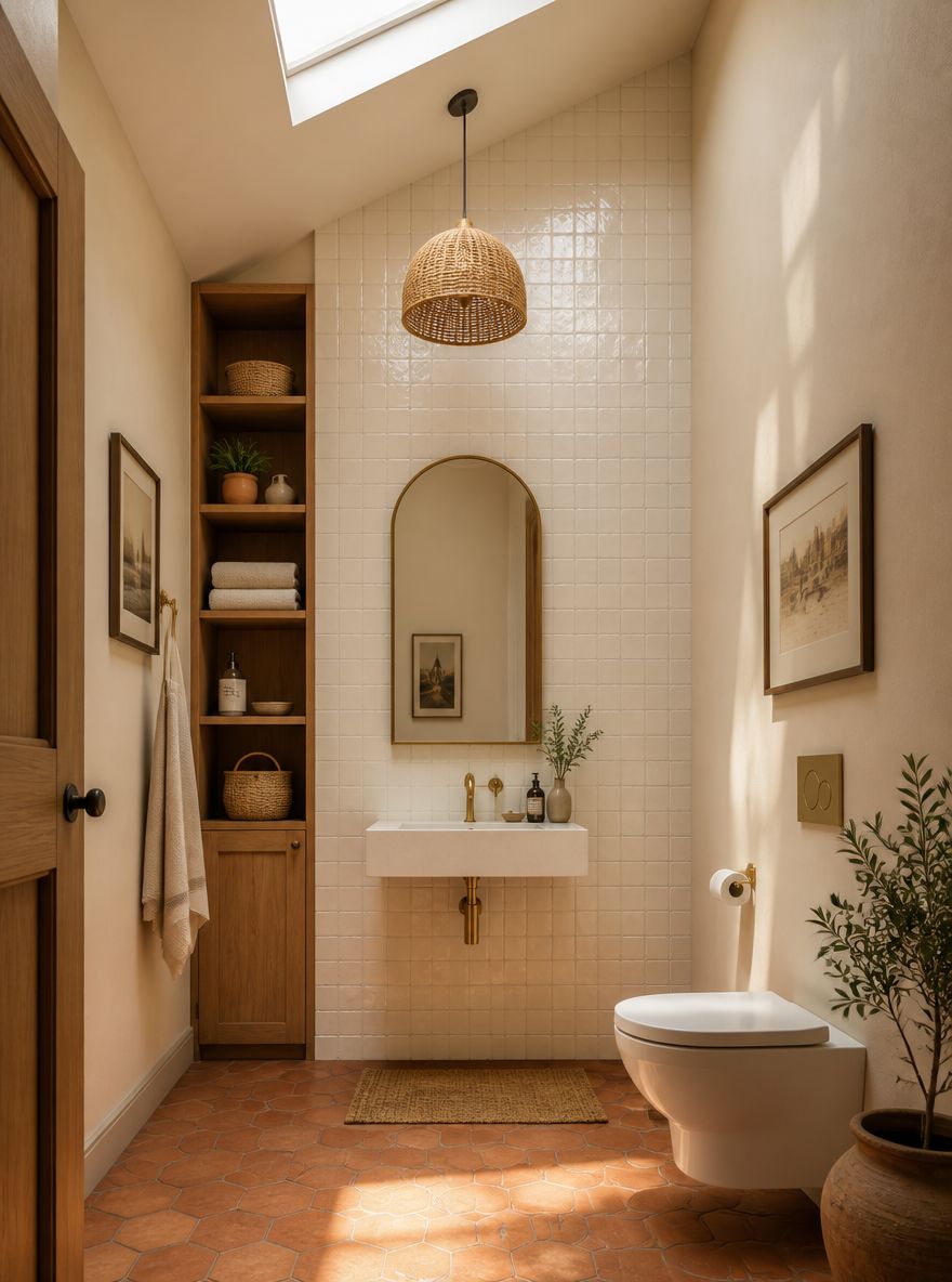 Pared de azulejos zellige con espejo arqueado sobre lavabo