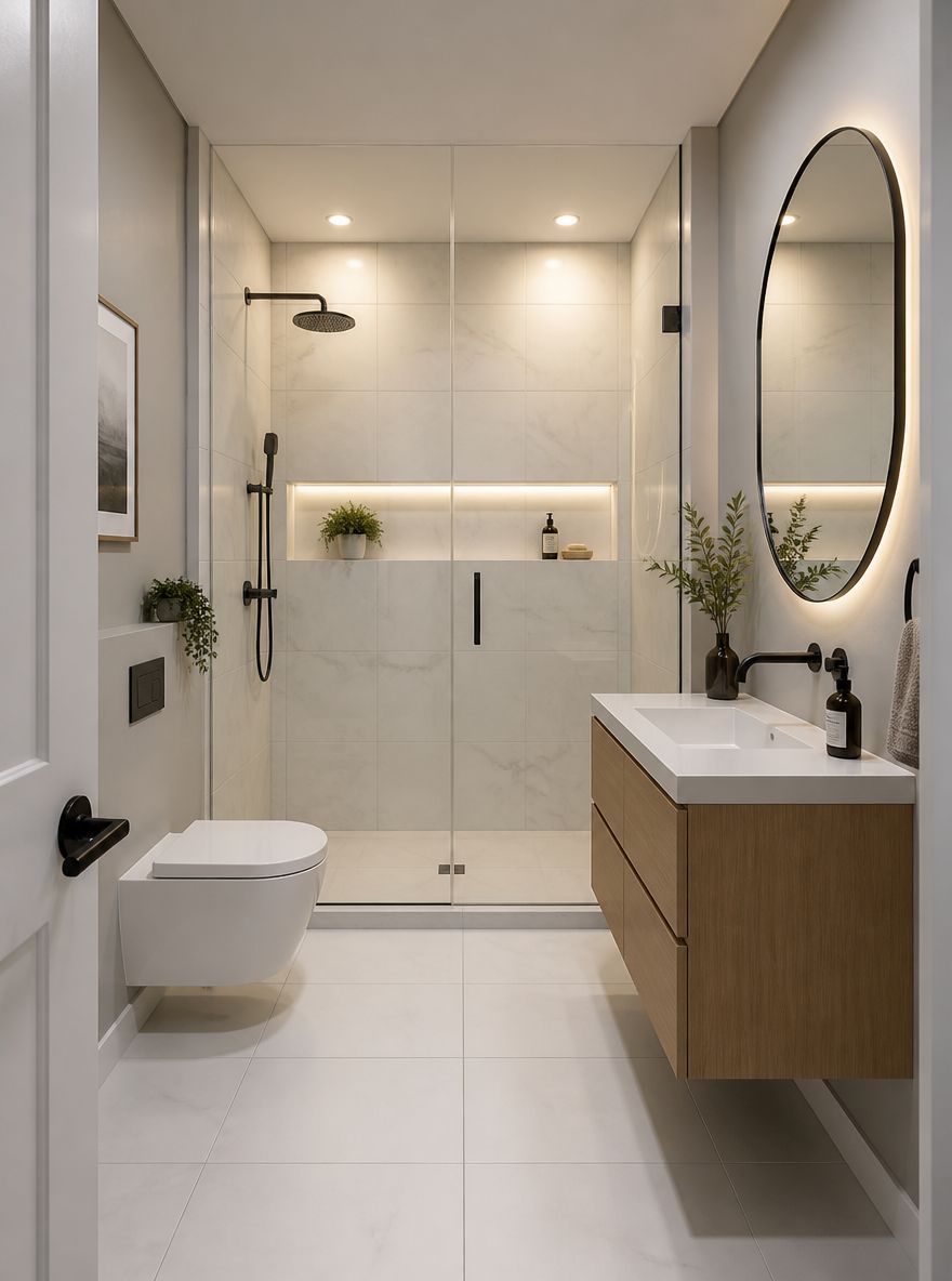 Ducha de pared completa en mármol con nicho integrado