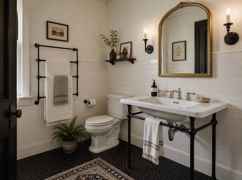Lavabo tipo consola con herrajes de hierro negro