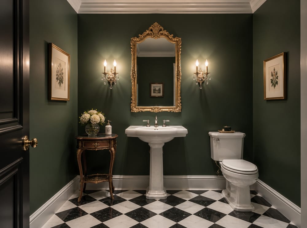 Baño tipo tocador verde bosque con espejo dorado