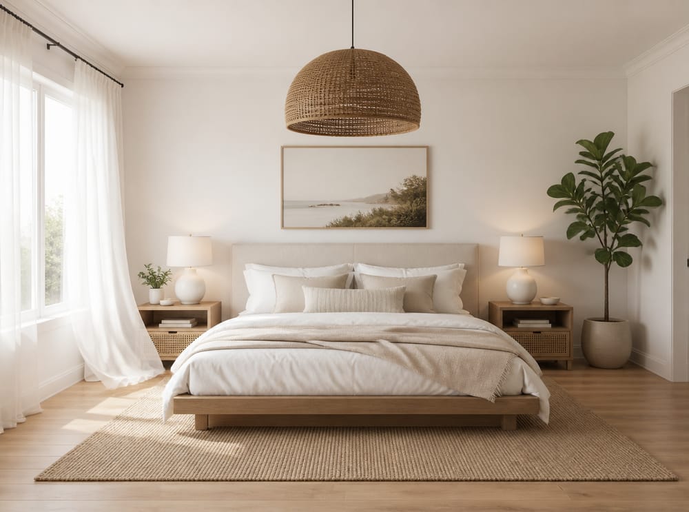 Cama plataforma de roble claro, lámparas de ratán, cortinas traslúcidas