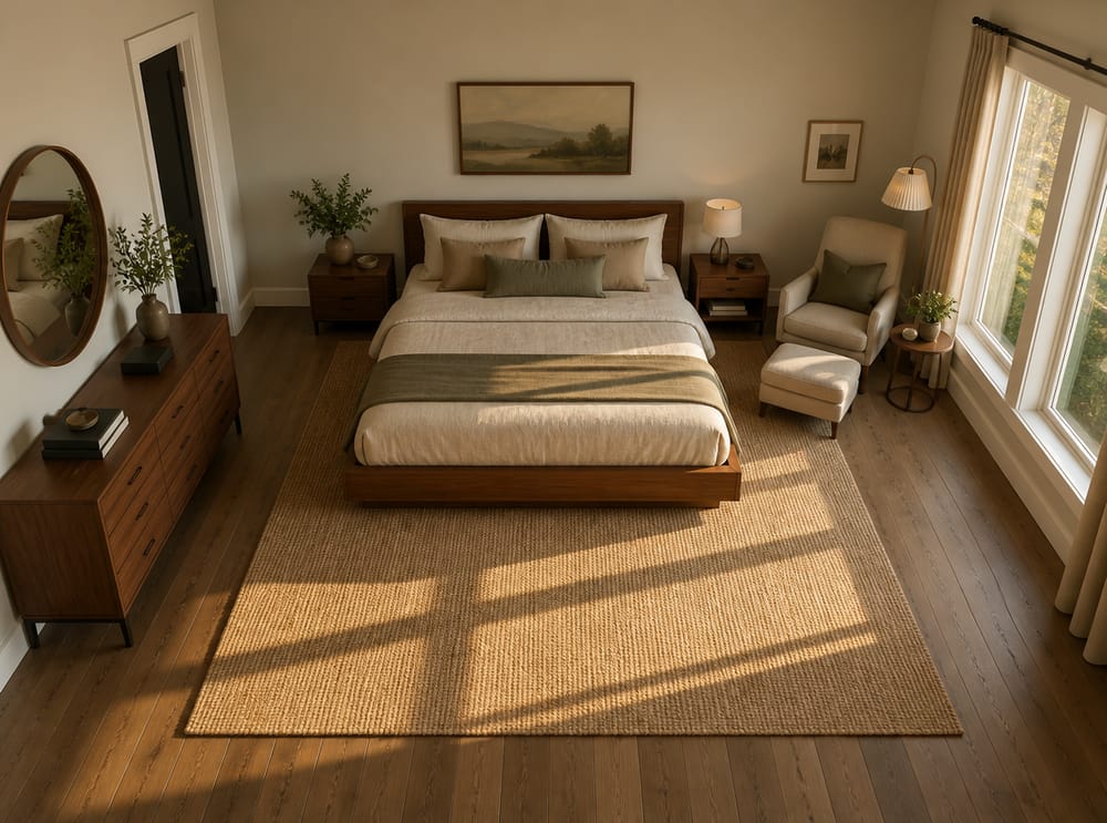 Cama plataforma y rincón de lectura con lámpara de pie