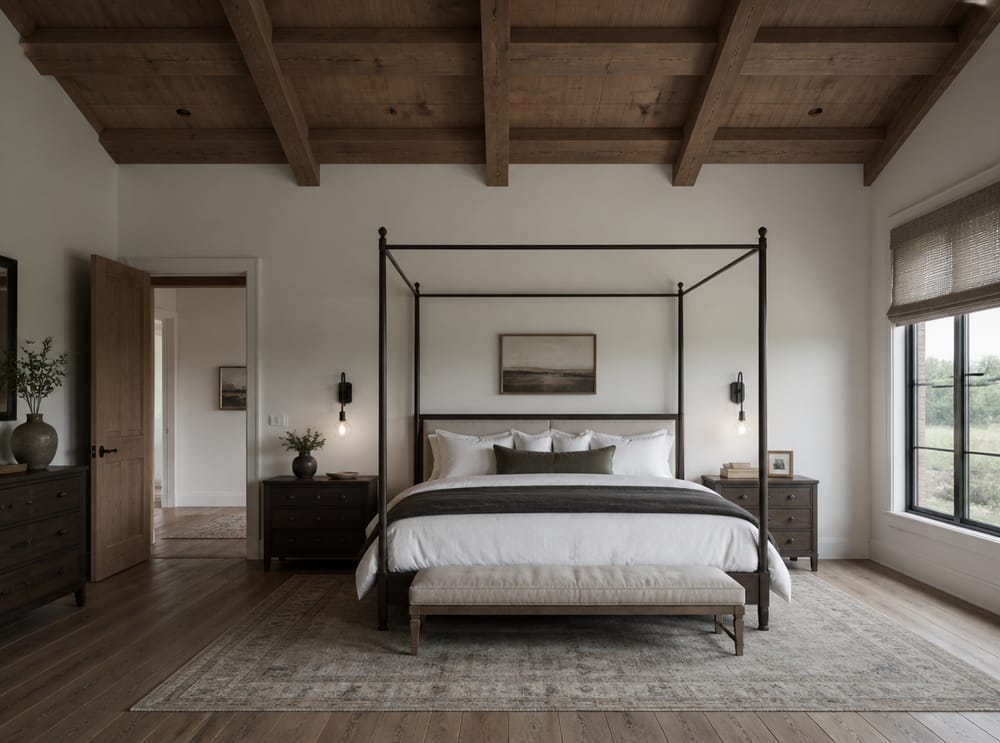 Cama dosel de hierro oscuro, techo con vigas de madera vistas