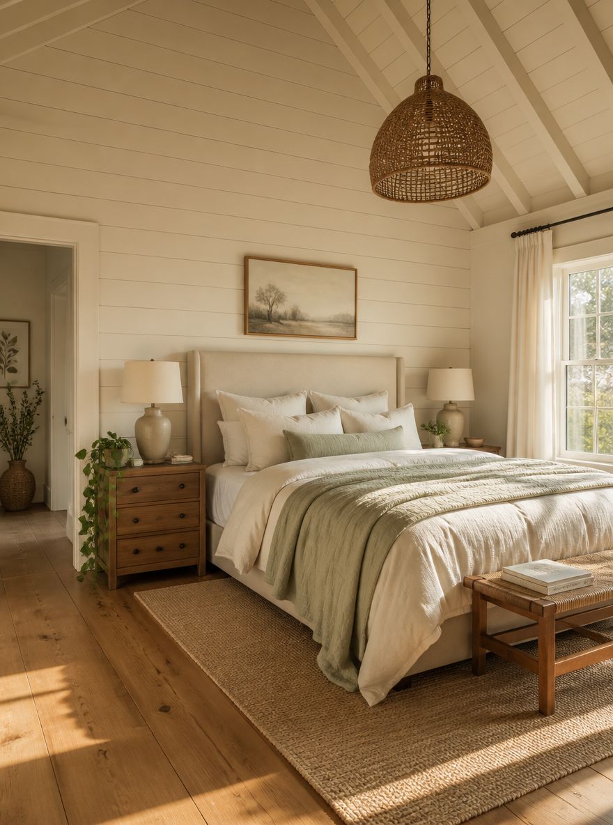 Pared de acento shiplap con lámpara de ratán y ropa de cama sage
