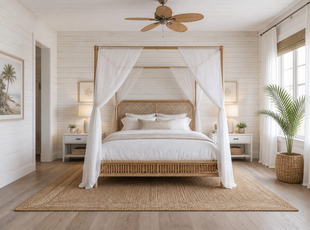 Cama dosel de ratán con dosel de gasa, alfombra de yute