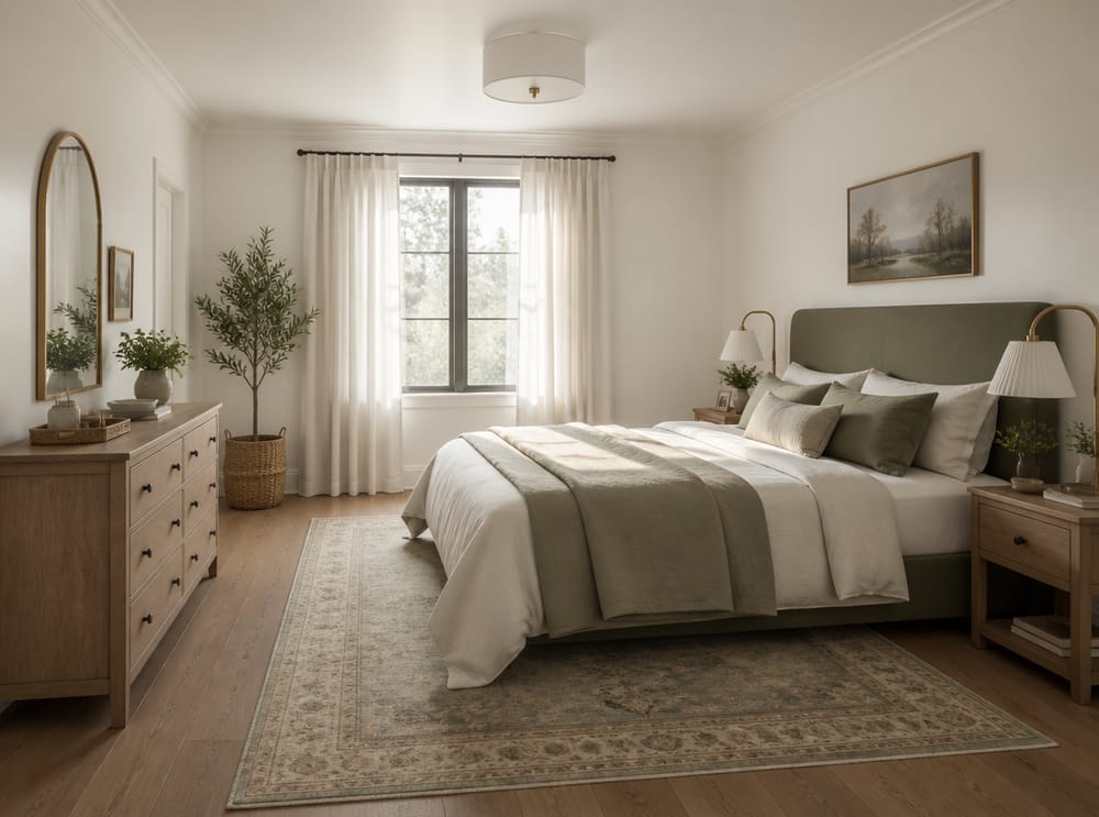 Cabecera de tela sage, lámparas de latón cepillado, ropa de cama en capas