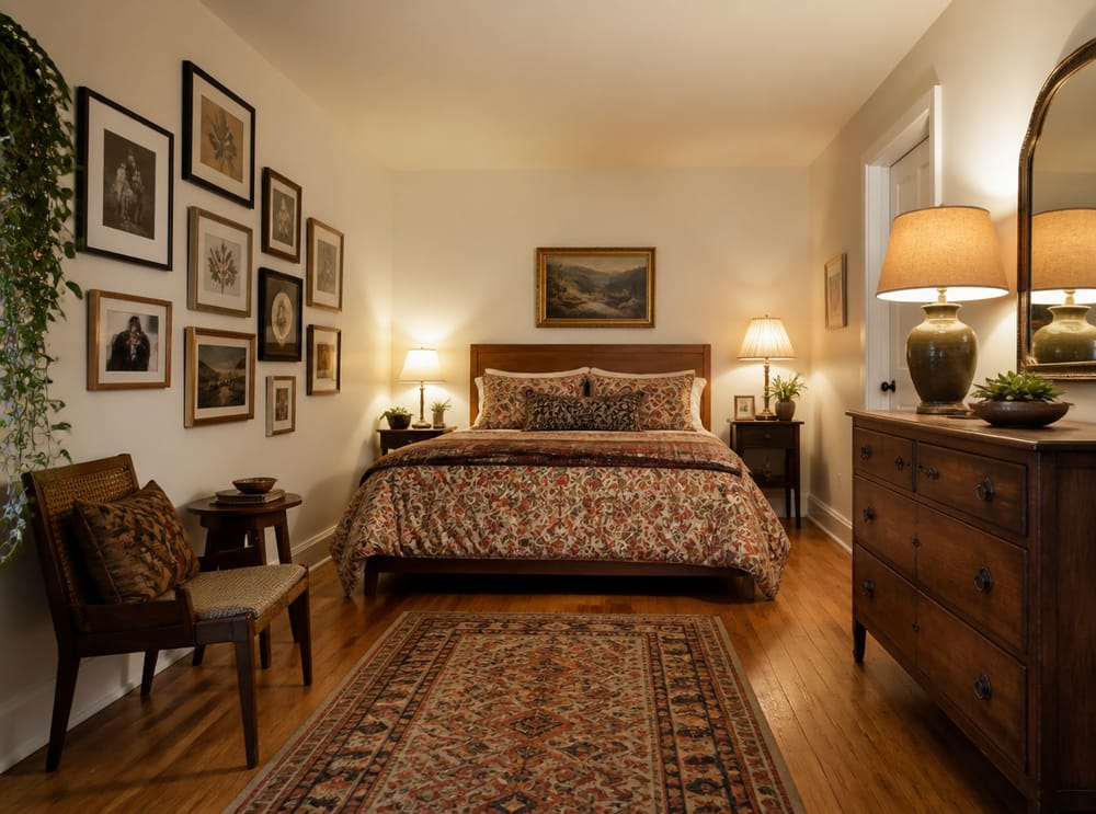 Pared galería junto a la cama, lámparas desiguales, patrones terrosos