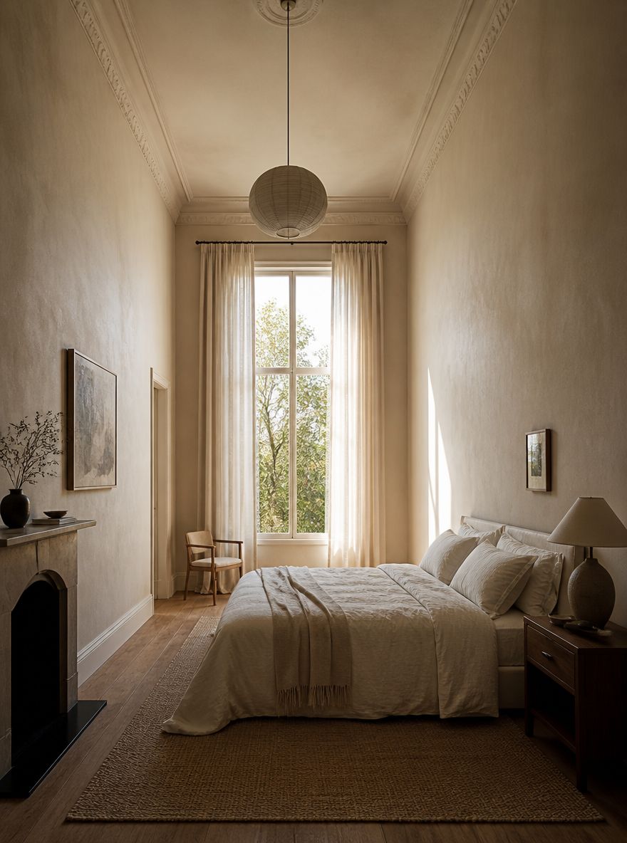 Cama junto a la pared lateral frente a la ventana, tonos arcilla claros
