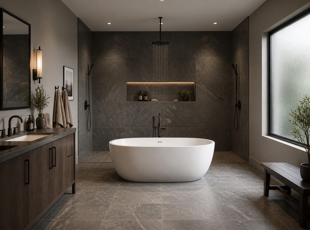 Wet-room layout with centered freestanding tub