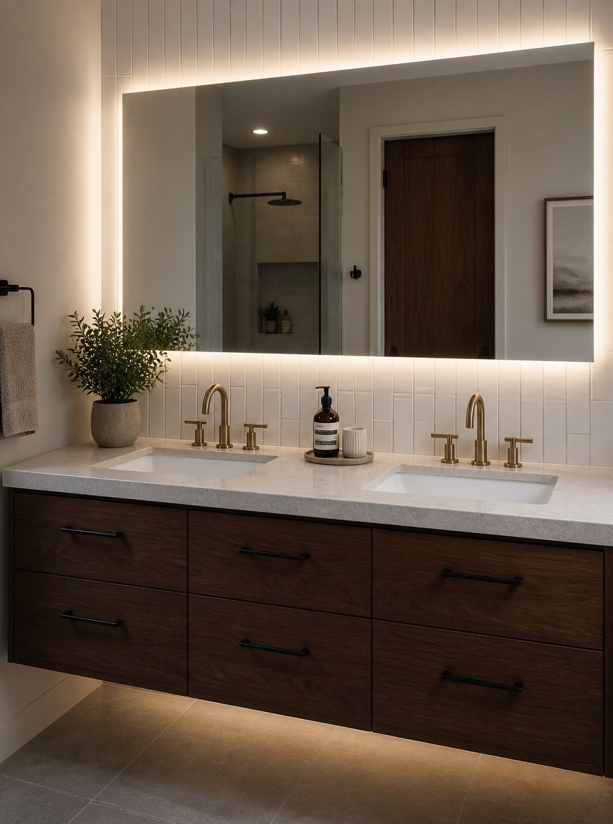 Floating walnut vanity with backlit mirror