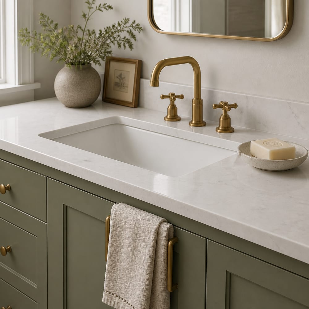 Sage green cabinet with brass cross-handle faucet