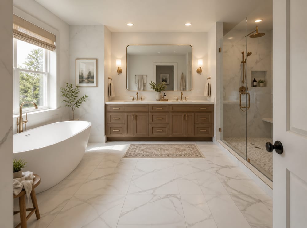 Double vanity anchoring a bright, open layout