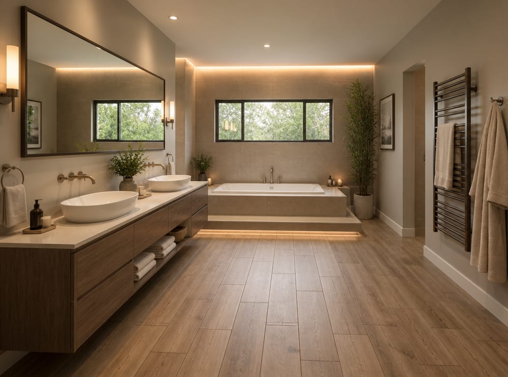 Platform soaking tub below a wide window