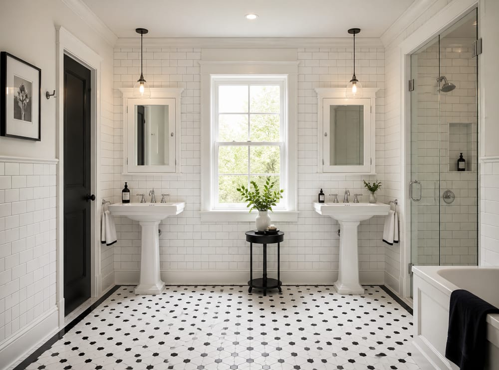 Classic black-and-white hex tile bathroom