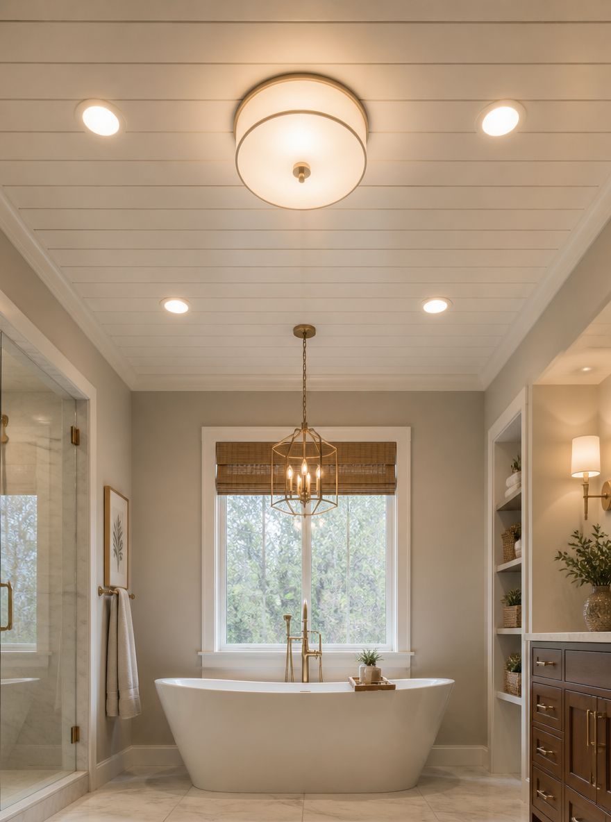 Layered ceiling lighting over a soaking tub