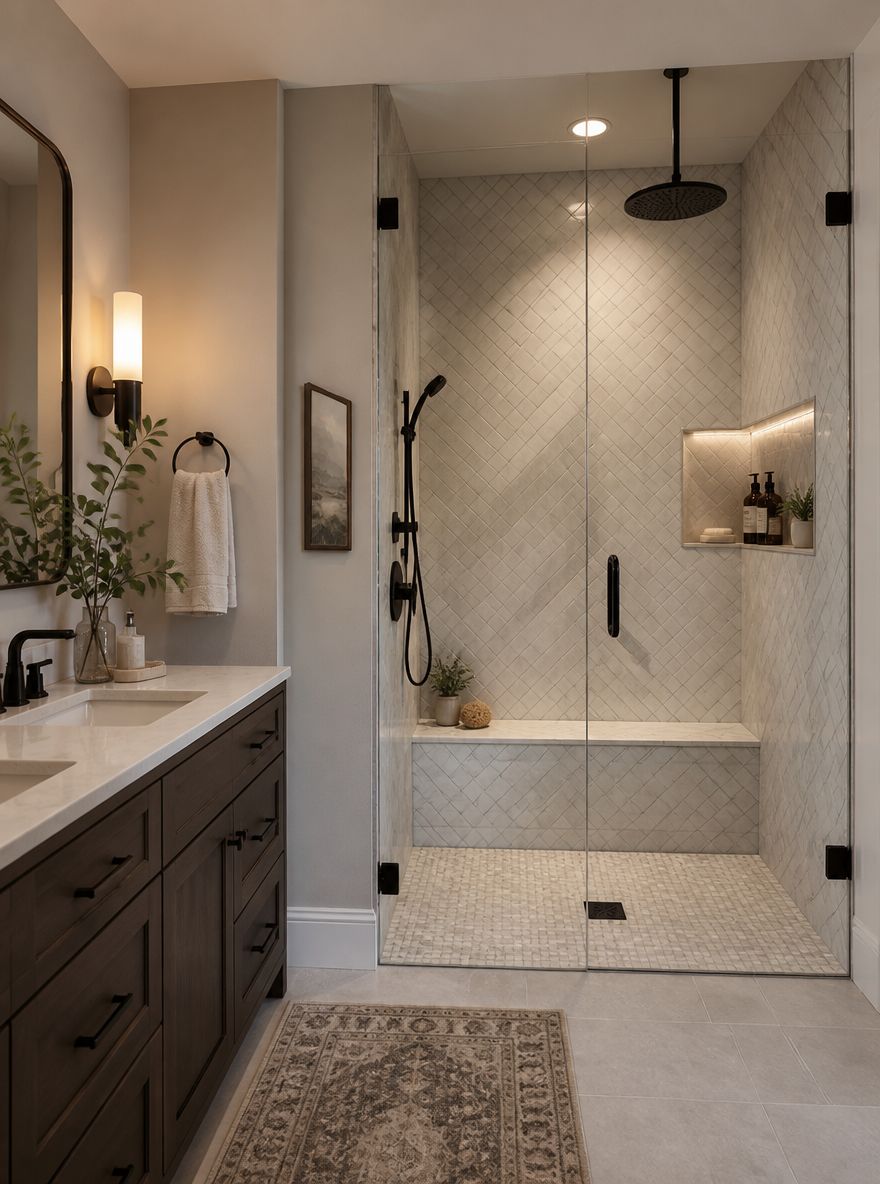 Frameless marble shower with built-in niche