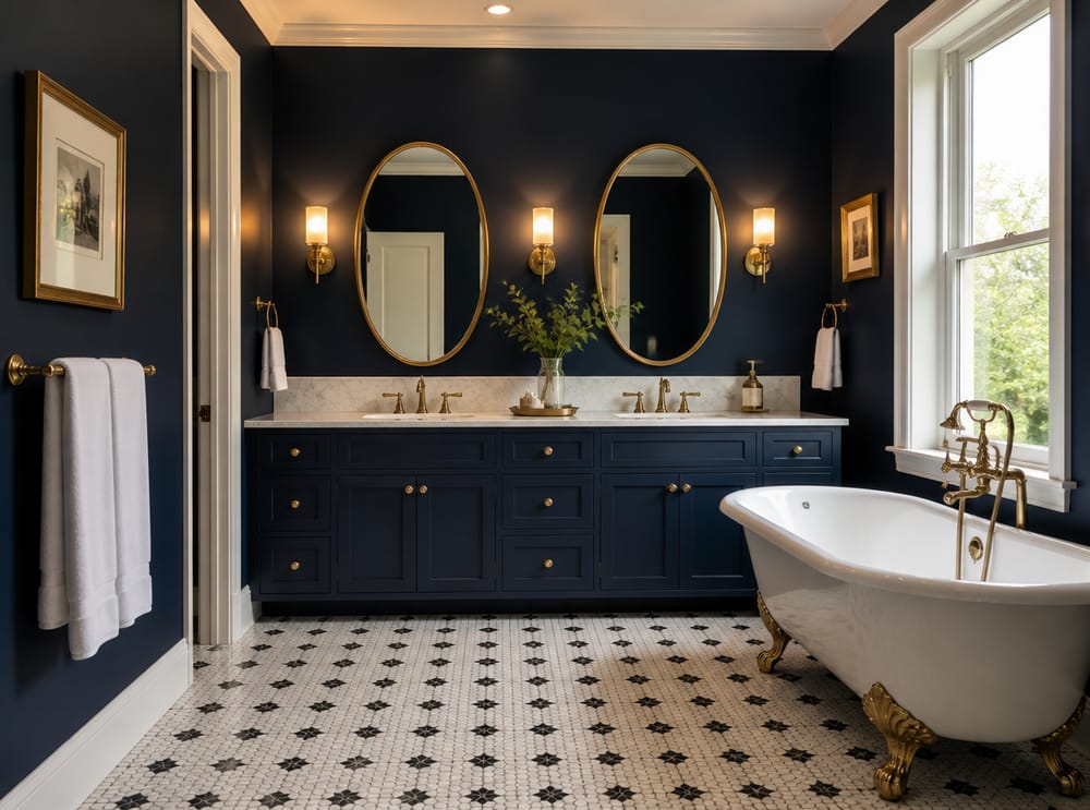 Navy walls with brass fixtures and marble