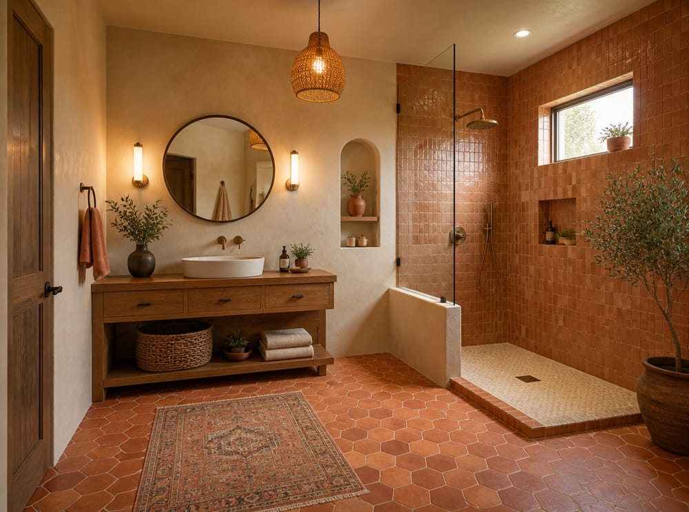 Terracotta zellige tile with earthy plaster walls