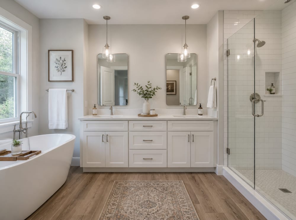 Transitional shaker vanity with twin pendants