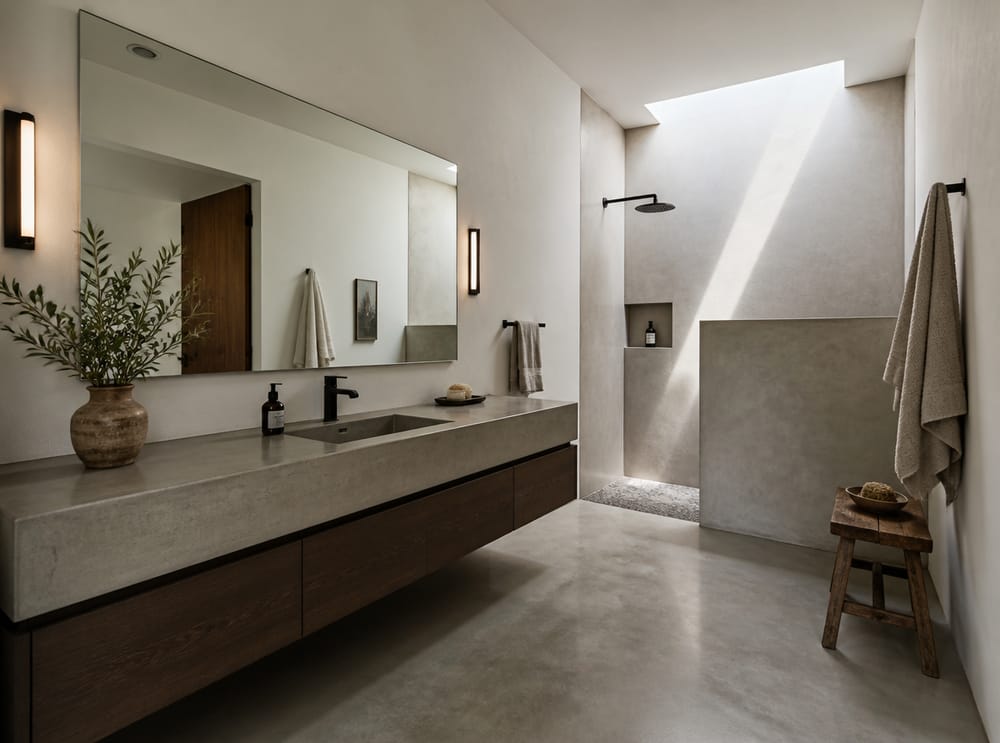 Minimalist concrete vanity and open shower
